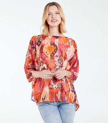 Blue Vanilla Bright Orange Abstract Print Kimono Top