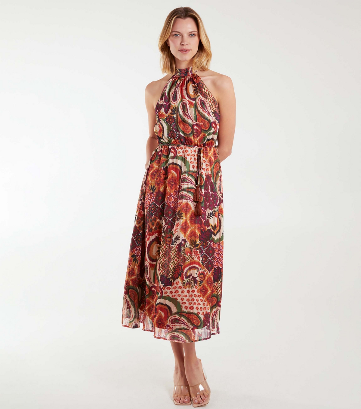 Women's Orange Paisley Print Halter Midi Dress Blue Vanilla New Look