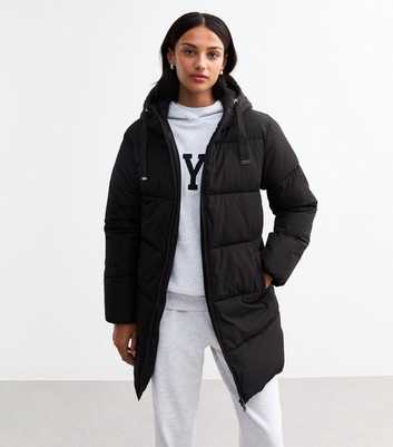 Black Hooded Mid Length Puffer Coat