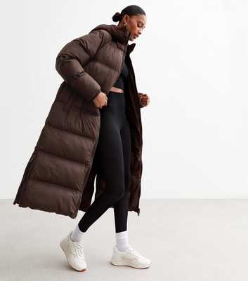 Brown Shower Resistant Hooded Longline Puffer Coat