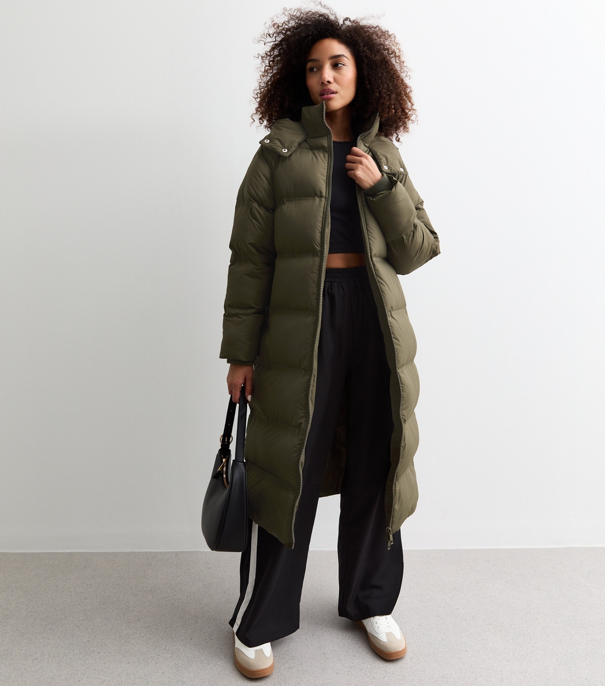 Women's Khaki Shower Resistant Hooded Longline Puffer Coat New Look