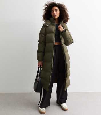 Khaki Shower Resistant Hooded Longline Puffer Coat