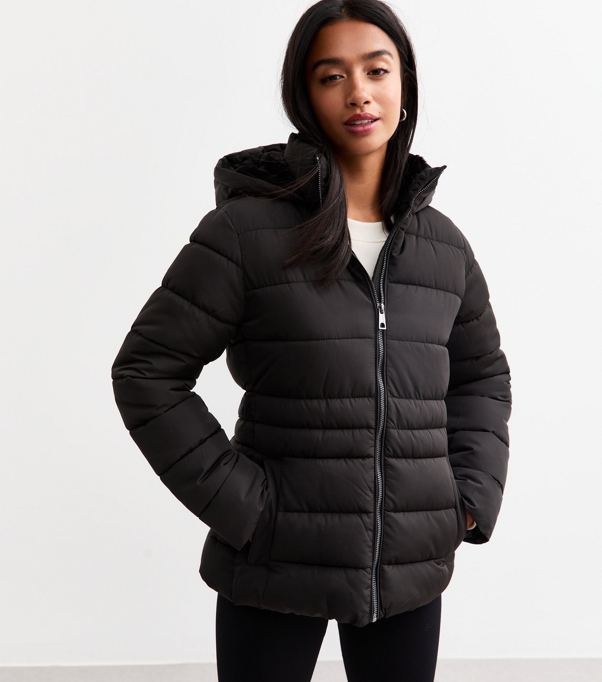 Women's Petite Black Faux Fur Hood Puffer Coat New Look