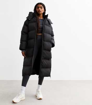 Petite Black Hooded Longline Puffer Coat