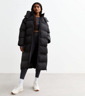 Black long line puffer shops coat