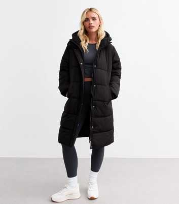 Petite Black Longline Hooded Puffer Coat