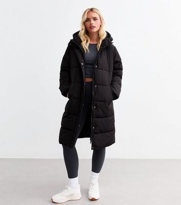 Black long padded coat with hood on sale