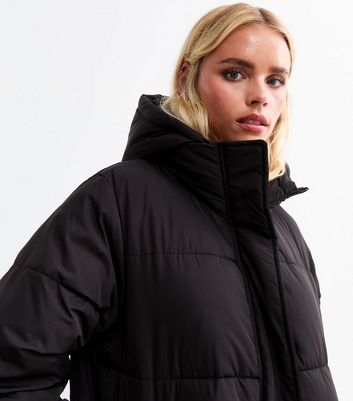 Petite Black Longline Hooded Puffer Coat New Look