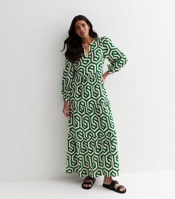 Gini London Green Abstract Print Long Sleeve Maxi Dress New Look