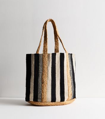 Black Raffia Stripe Canvas Tote Bag New Look