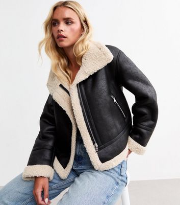 Black faux shearling jacket on sale