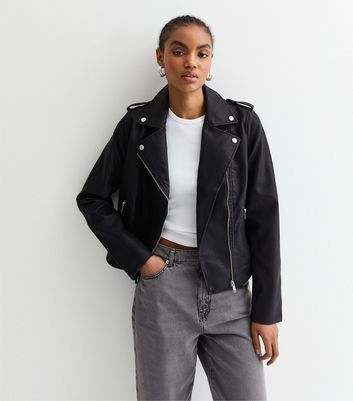 Tall Black Leather Look Biker Jacket New Look