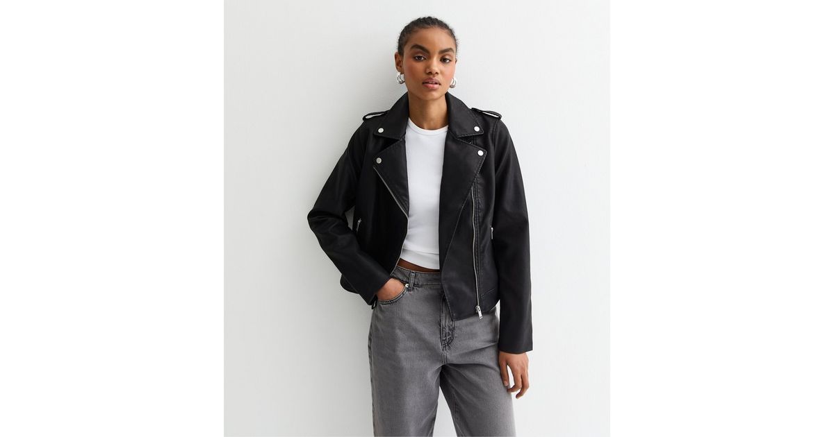 Tall Black Leather-Look Biker Jacket New Look