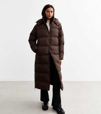 Tall Brown Hooded Longline Puffer Coat