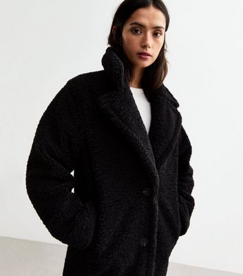 Tall Black Fleece Coat New Look