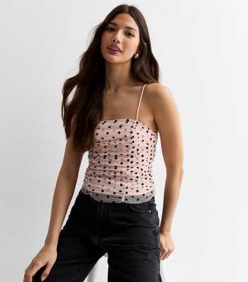 Pale Pink Spot Mesh Strappy Ruched Crop Top