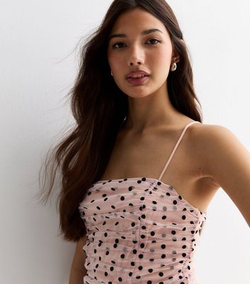 Pale Pink Spot Mesh Strappy Ruched Crop Top New Look