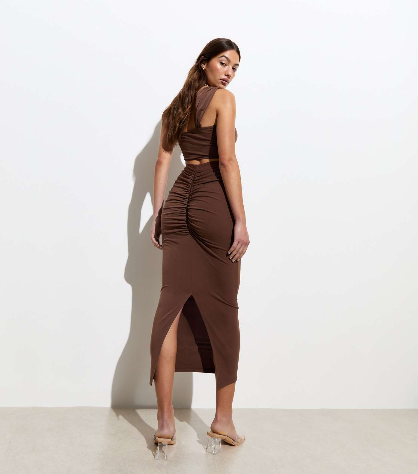 Dark Brown Ruched Back Midi Skirt Image 2