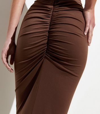 Dark Brown Ruched Back Midi Skirt New Look