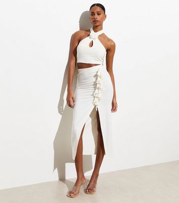 Off White Ruffle Split Hem Midi Skirt New Look