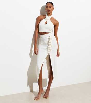 Off White Ruffle Split Hem Midi Skirt