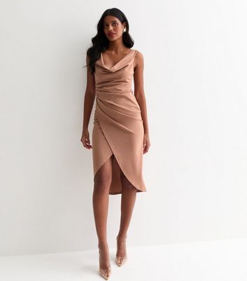 Camel Cowl Neck Ruched Side Midi Dress New Look