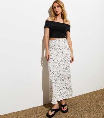 White Polka Dot Print Bias Midi Skirt