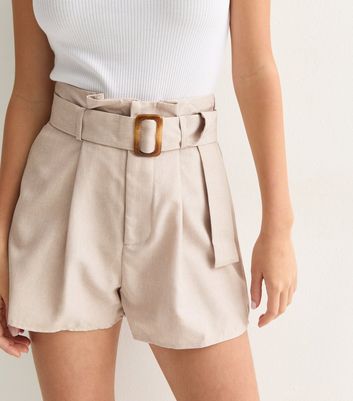 Gini London Stone High-Waisted Belted Shorts New Look