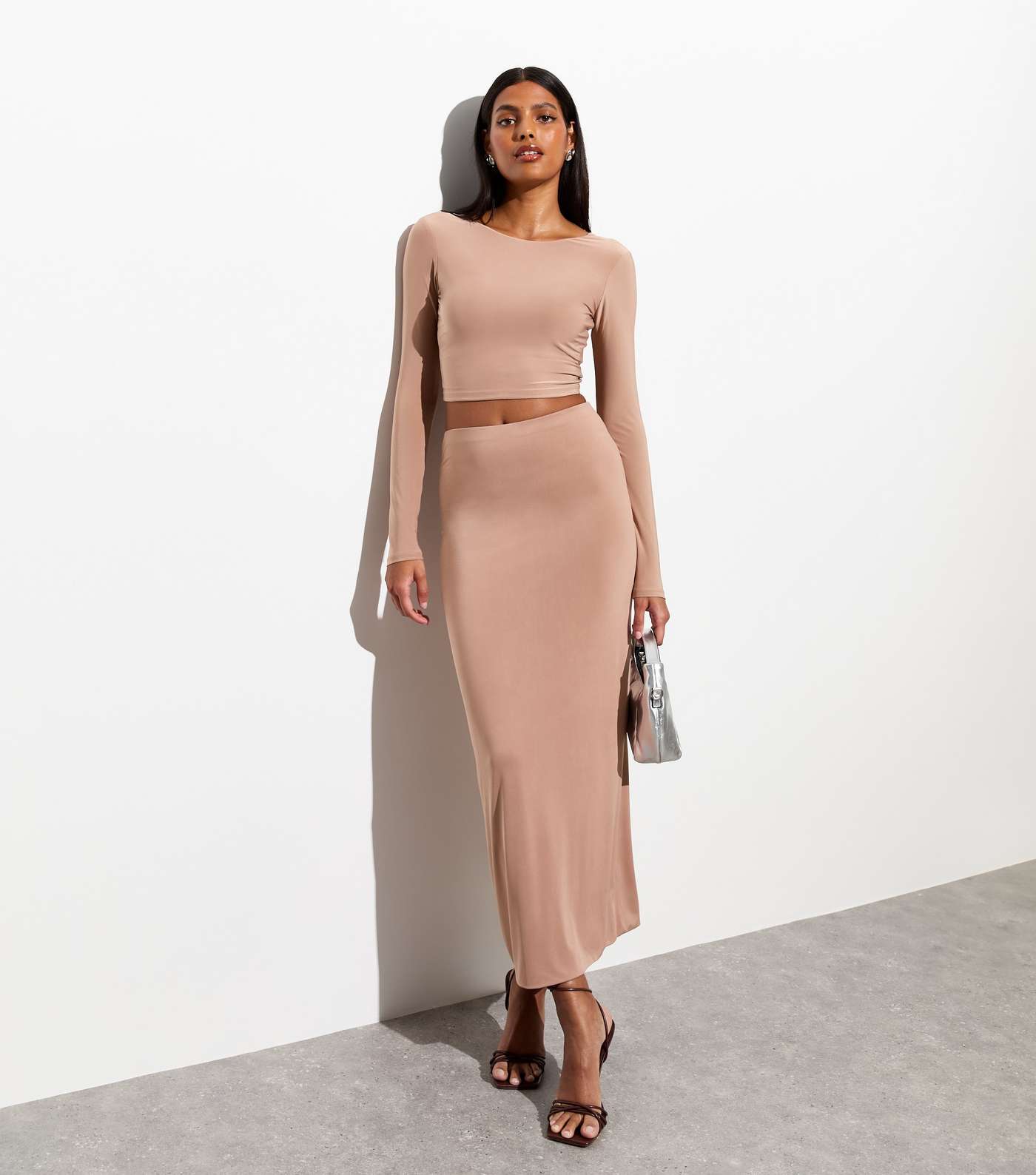 Light Brown High Waist Midi Skirt Image 3