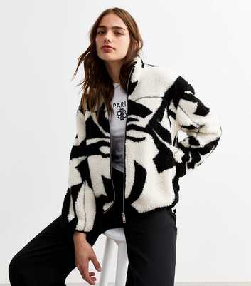 White Abstract Print Borg Zip Jacket