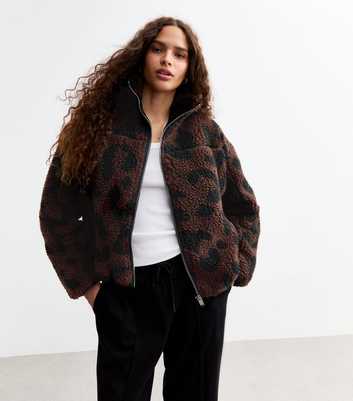 Brown Animal Print Zip Up Borg Jacket