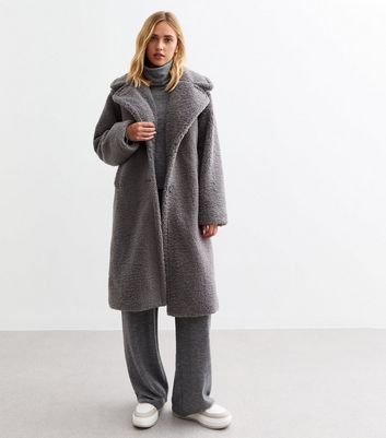 Grey Oversized Fluffy Borg Longline Coat New Look