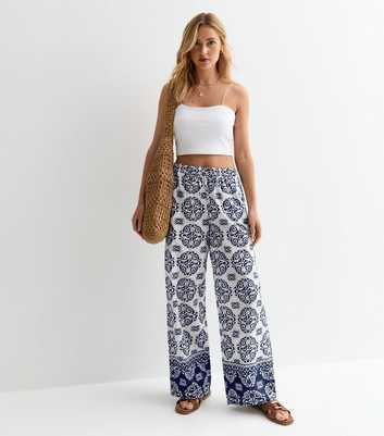 JDY White Cotton Printed Wide Leg Trousers