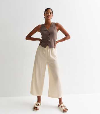 Cream Crinkle Cropped Wide Leg Trousers