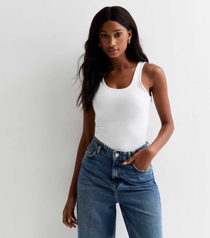 White Slinky Scoop-Neck Stretch Bodysuit 