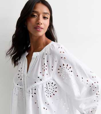 Petite White Cotton Embroidered 3/4 Sleeve Smock Top
