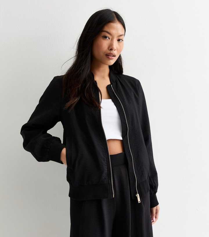 Petite Black Zip Up Bomber Jacket