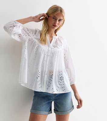 Tall White Embroidered 3/4 Sleeve Smock Blouse