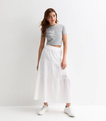 Girls White Crinkle Cotton Tiered Maxi Skirt New Look