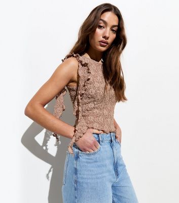 Light Brown Crinkle Lace Dangle Trim Top New Look