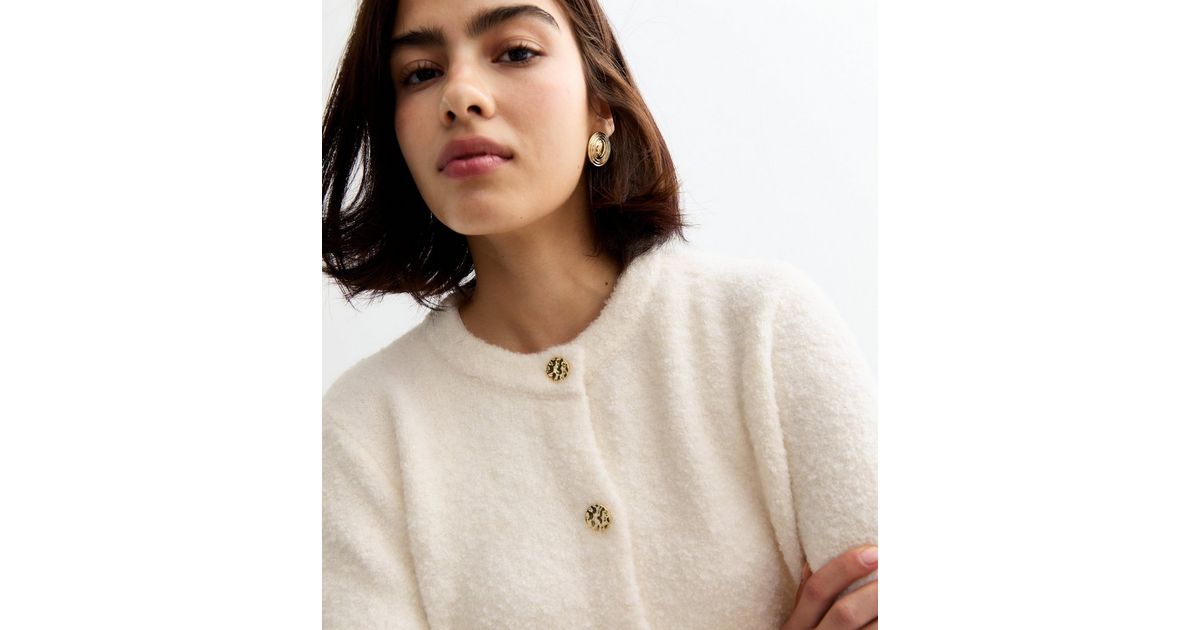 Cream Buttoned Bouclé Cardigan New Look