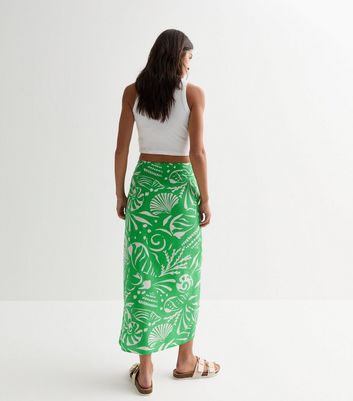 Green Shell Print Sarong Midi Skirt New Look