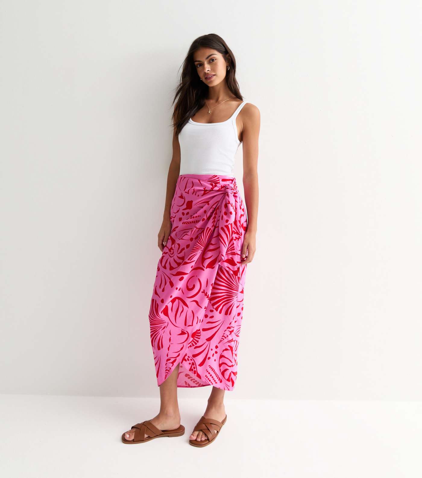 Pink Shell Print Sarong Midi Skirt
