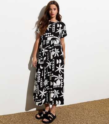 White Cotton Abstract Tropical Print Smock Midi Dress