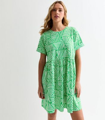 Green Abstract Print Babydoll Smock Mini Dress New Look