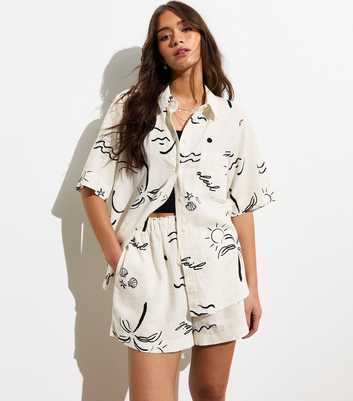 Off-White Linen-Blend Tropical-Print Short-Sleeved Shirt