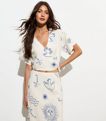 White Sunshine Abstract Print Linen Blend Wrap Top New Look