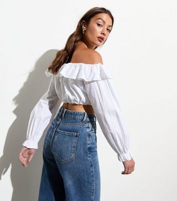 White Cotton-Poplin Ruffle-Trim Bardot Top New Look