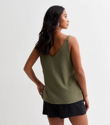 Petite Khaki-Green Button-Through Cami Top New Look