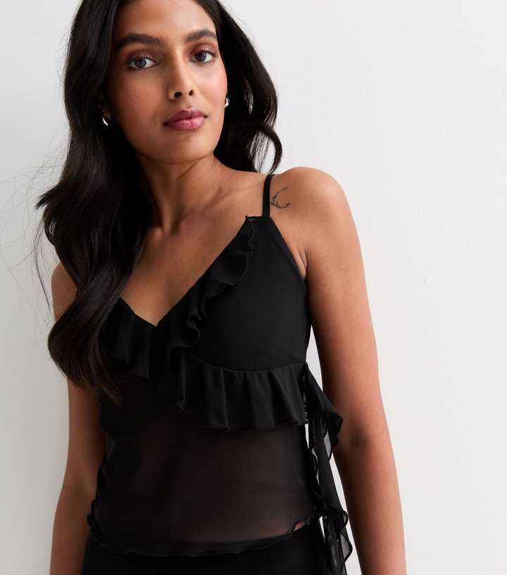 Black Mesh Strappy Crop Top, Tops